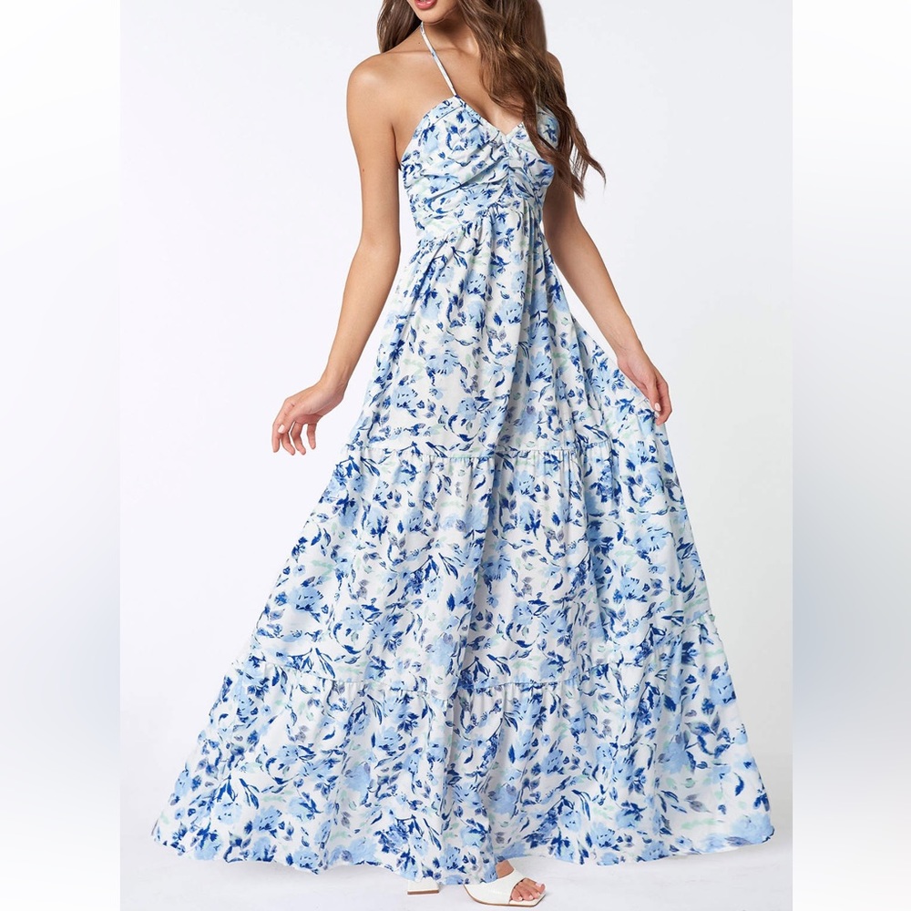 Azazie Homewood Blue Floral Print Halter Neck Maxi Dress size XL